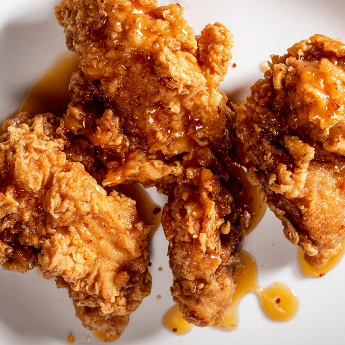 Golden-brown, crispy fried chicken thighs coated in a glossy hot honey butter sauce, ready to serve with pickles and coleslaw.