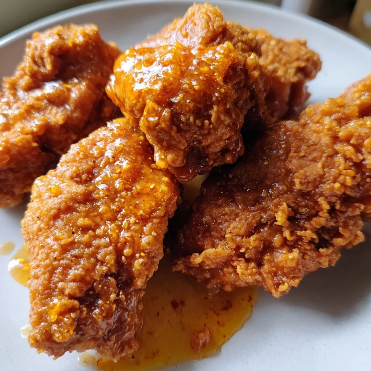 Freshly fried chicken tossed in a warm, buttery hot honey glaze, emitting a sweet heat aroma on a serving platter.