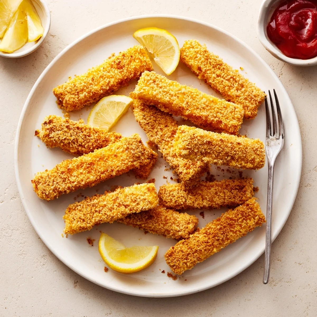 Crispy Panko Halloumi batons, golden brown and crunchy, resting on a plate with fresh lemon wedges and a small dish of red hot sauce.