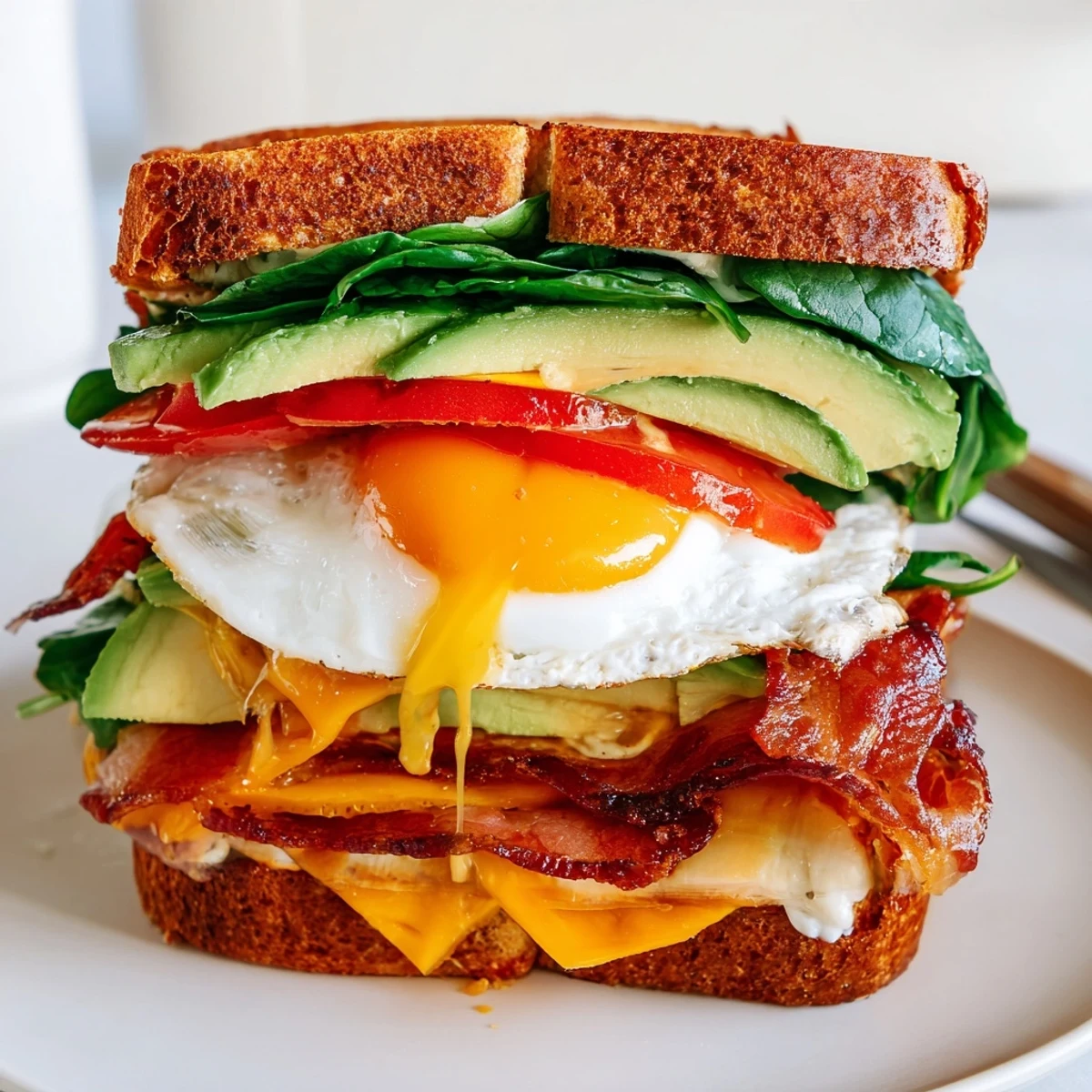 Golden-toasted sourdough bread layered with melty cheddar cheese, crispy bacon strips, and creamy avocado slices on a white plate.