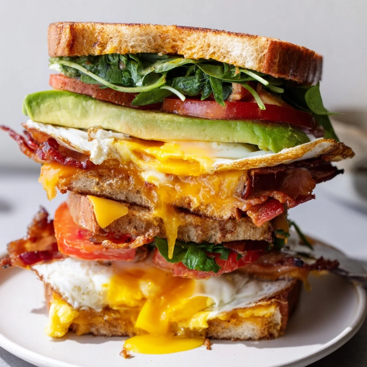 A fully loaded breakfast sandwich features a sunny-side-up egg, fresh spinach, and ripe avocado for a hearty morning meal.