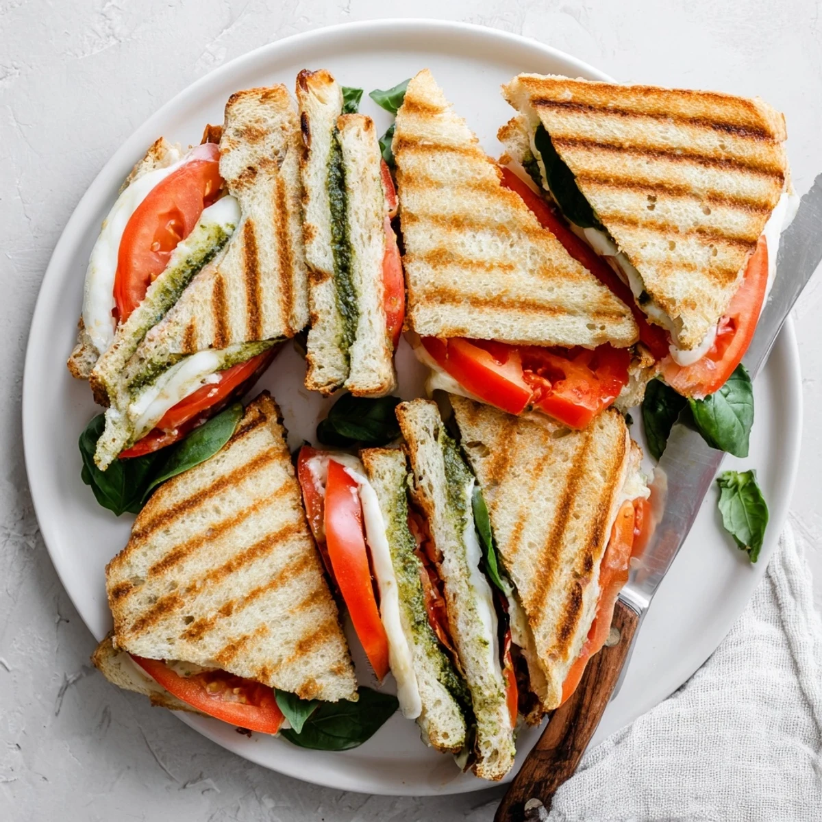 A close-up of the Classic Caprese Panini Press, featuring golden-brown toasted bread, melted mozzarella, and vibrant tomato slices.