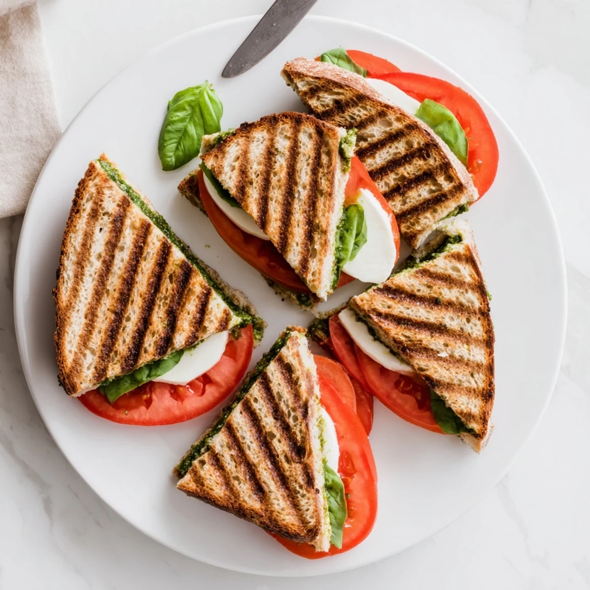 This Golden BBQ Chicken Panini Press showcases crispy bread, spicy chicken, melted pepper jack, and thinly sliced red onion.