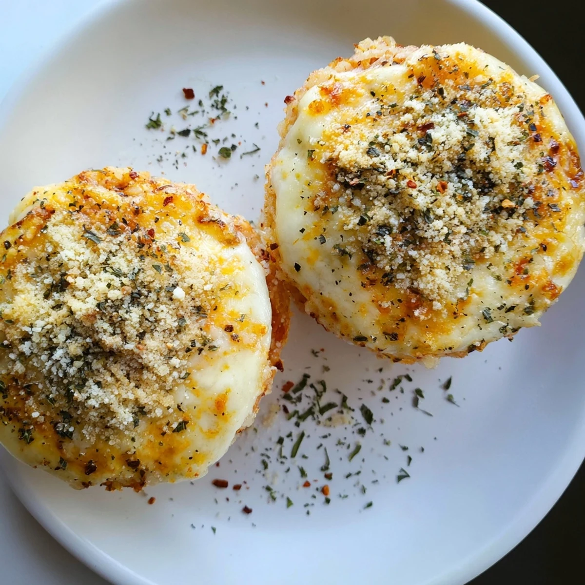 Freshly baked Crispy Rice Cake Cheese Stacks sit on a wooden board, their golden edges crackling and melted mozzarella stretching between layers.  