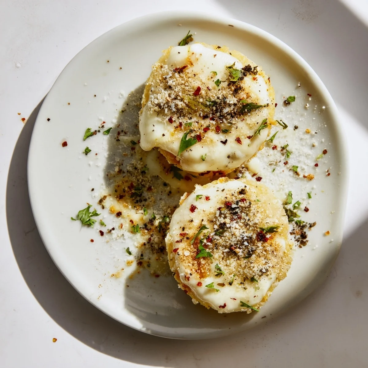 Plated Crispy Rice Cake Cheese Stacks are garnished with fresh parsley, arranged with a side of roasted red peppers for a savory snack.