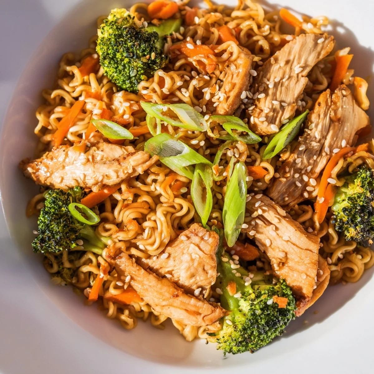 Overhead view of Spicy Ramen Stir-Fry with noodles, crisp broccoli, red peppers, and toasted sesame seeds on a rustic table.  