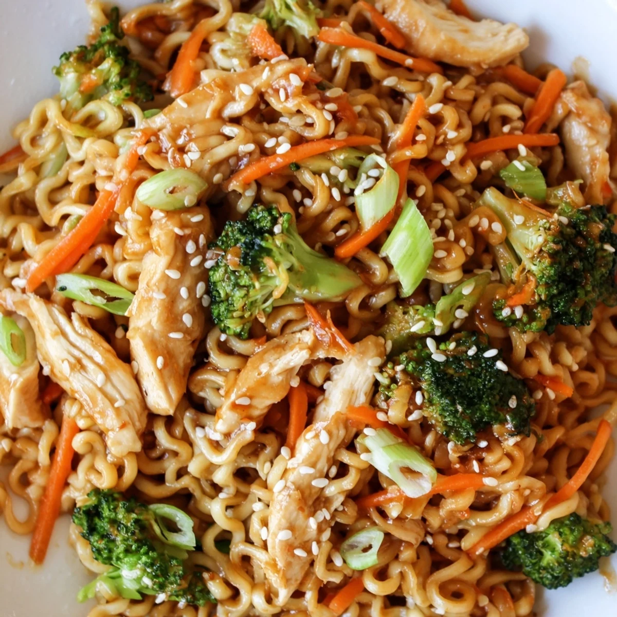 A steaming plate of Spicy Ramen Stir-Fry features tender chicken and colorful vegetables tossed in a bold, glossy sauce.  