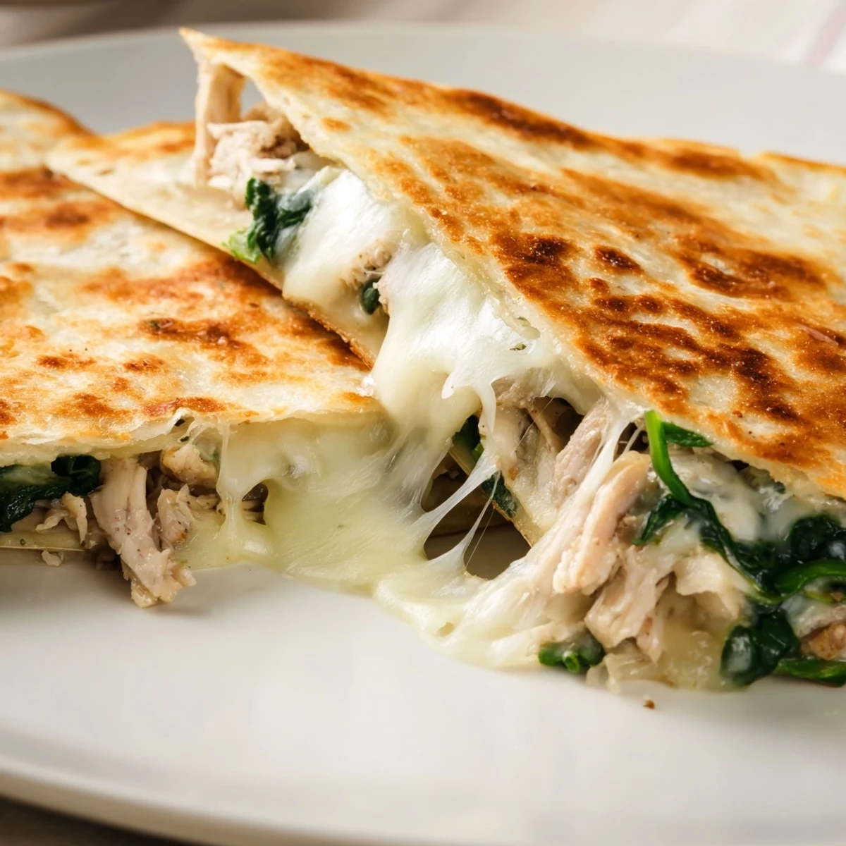 Close-up of a crispy Chicken and Spinach Quesadilla, highlighting juicy chicken, wilted spinach, and melted cheese beside fresh ingredients.