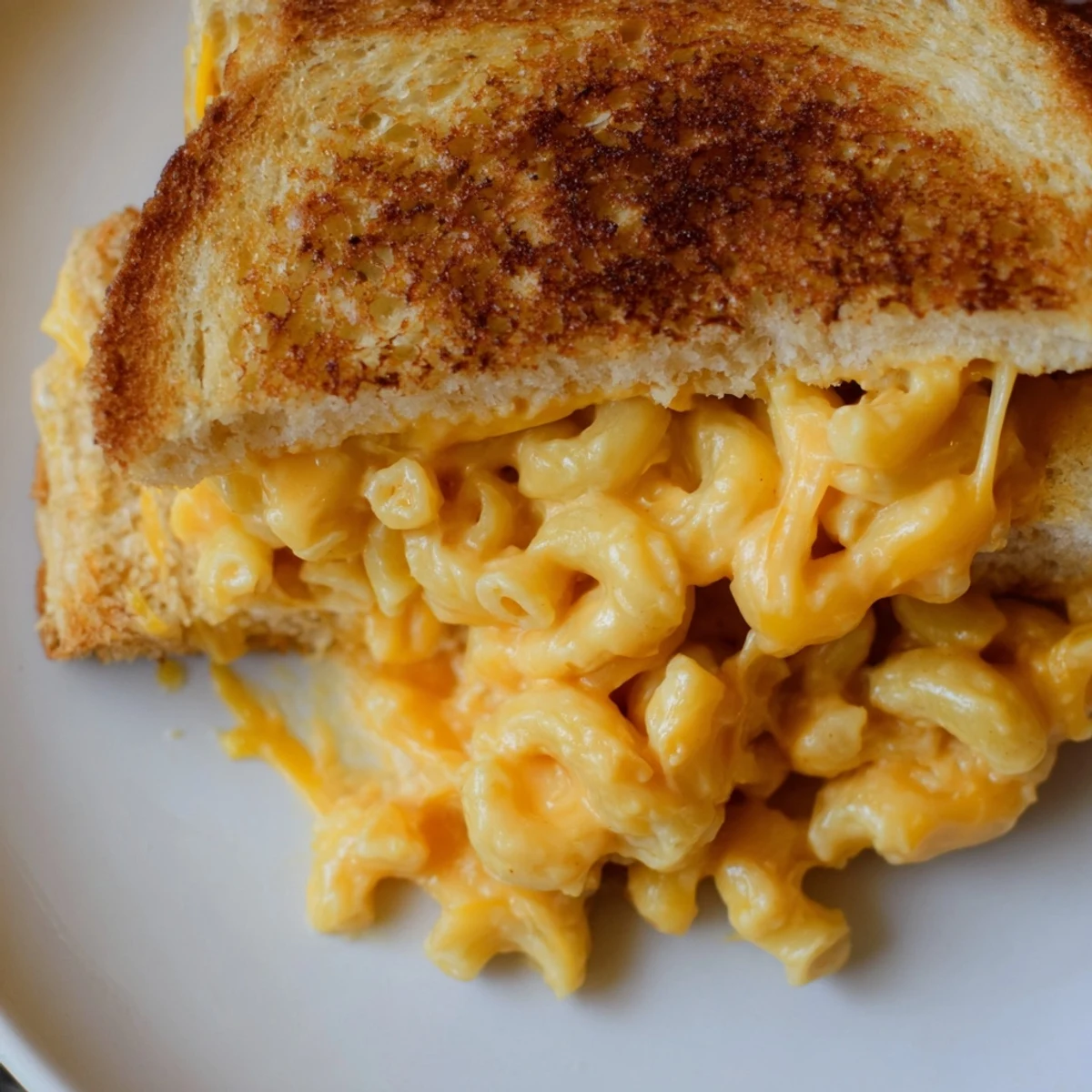 Crispy sourdough slices stuffed with creamy mac & cheese grilled cheese, melted cheddar oozing from golden edges.  