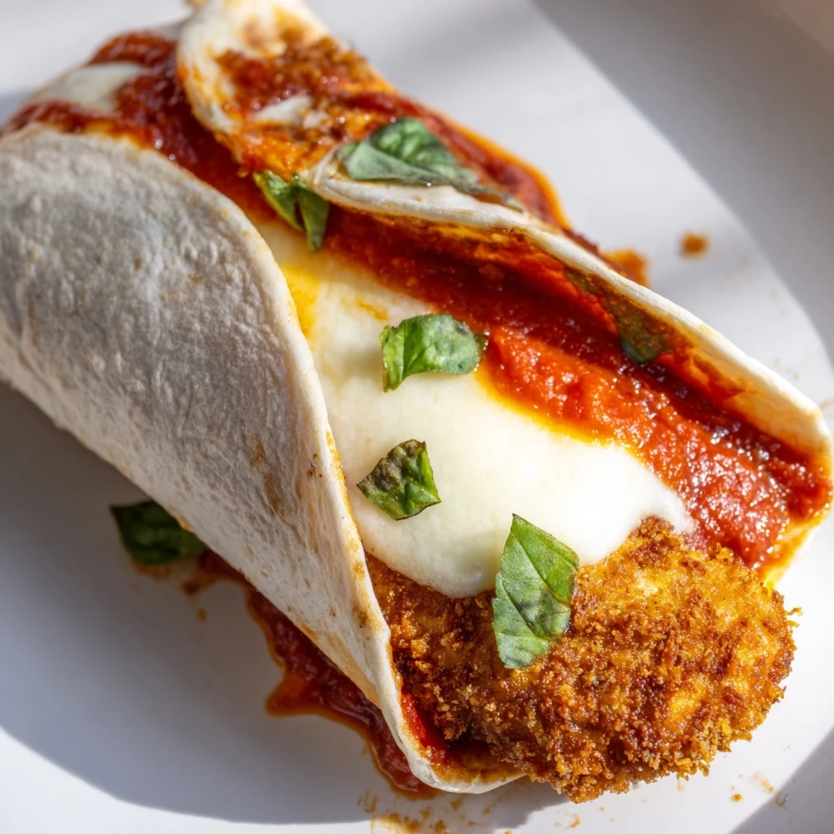 Golden-brown, crispy chicken cutlets layered with rich marinara and gooey melted mozzarella inside a soft tortilla.