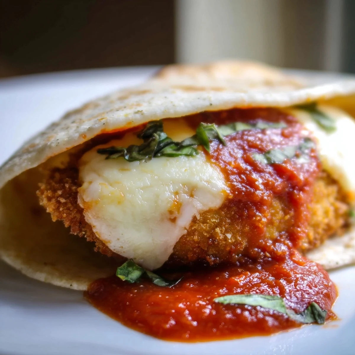 A close-up of a golden, crispy Crispy Chicken Parm Wrap with melted mozzarella and fresh basil.