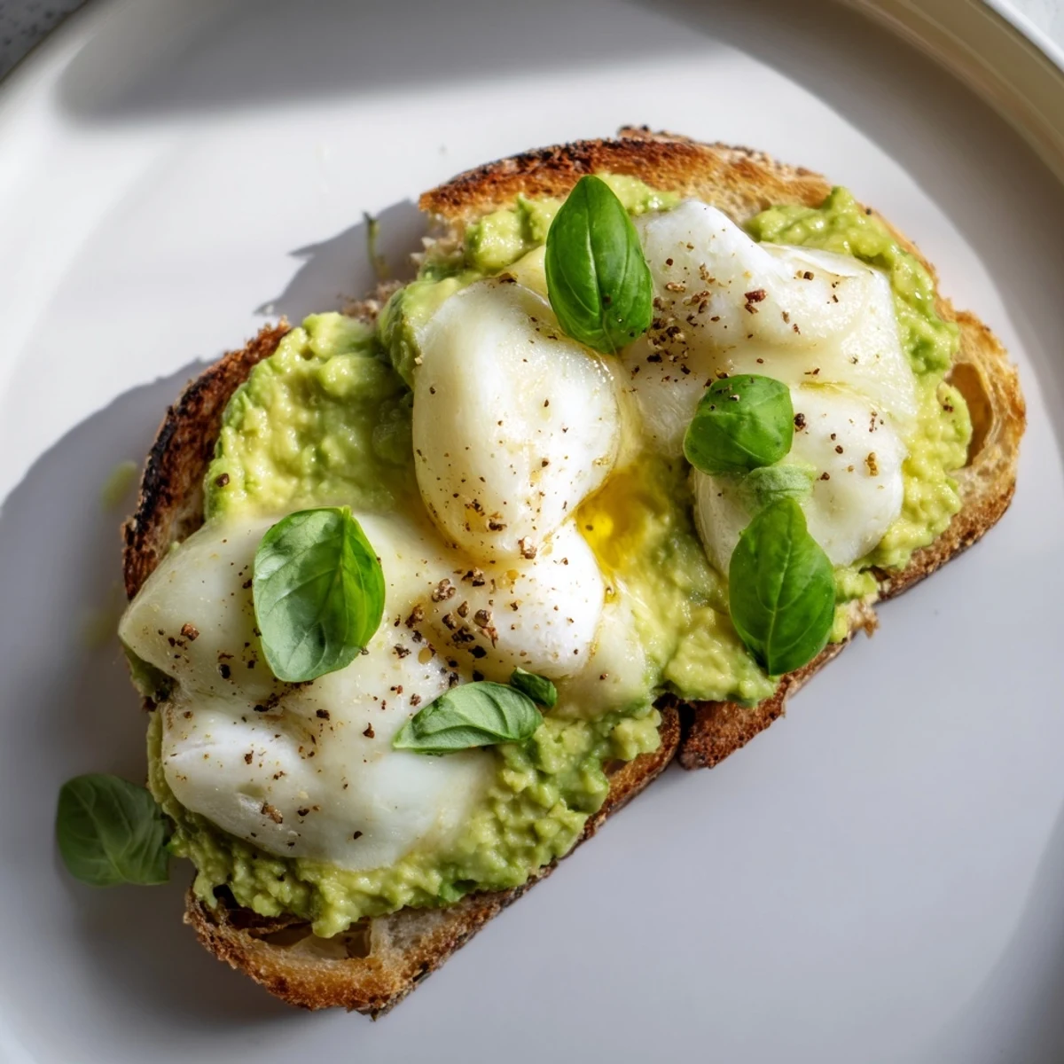 Close-up of a vibrant avocado mozzarella tartine with gooey cheese and olive oil drizzle on rustic bread.  