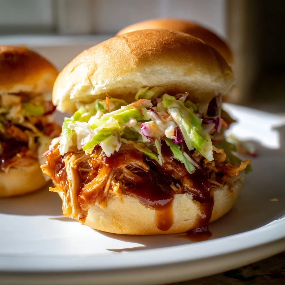 Golden BBQ chicken sliders with tangy slaw on toasted buns, served on a rustic wooden board.  