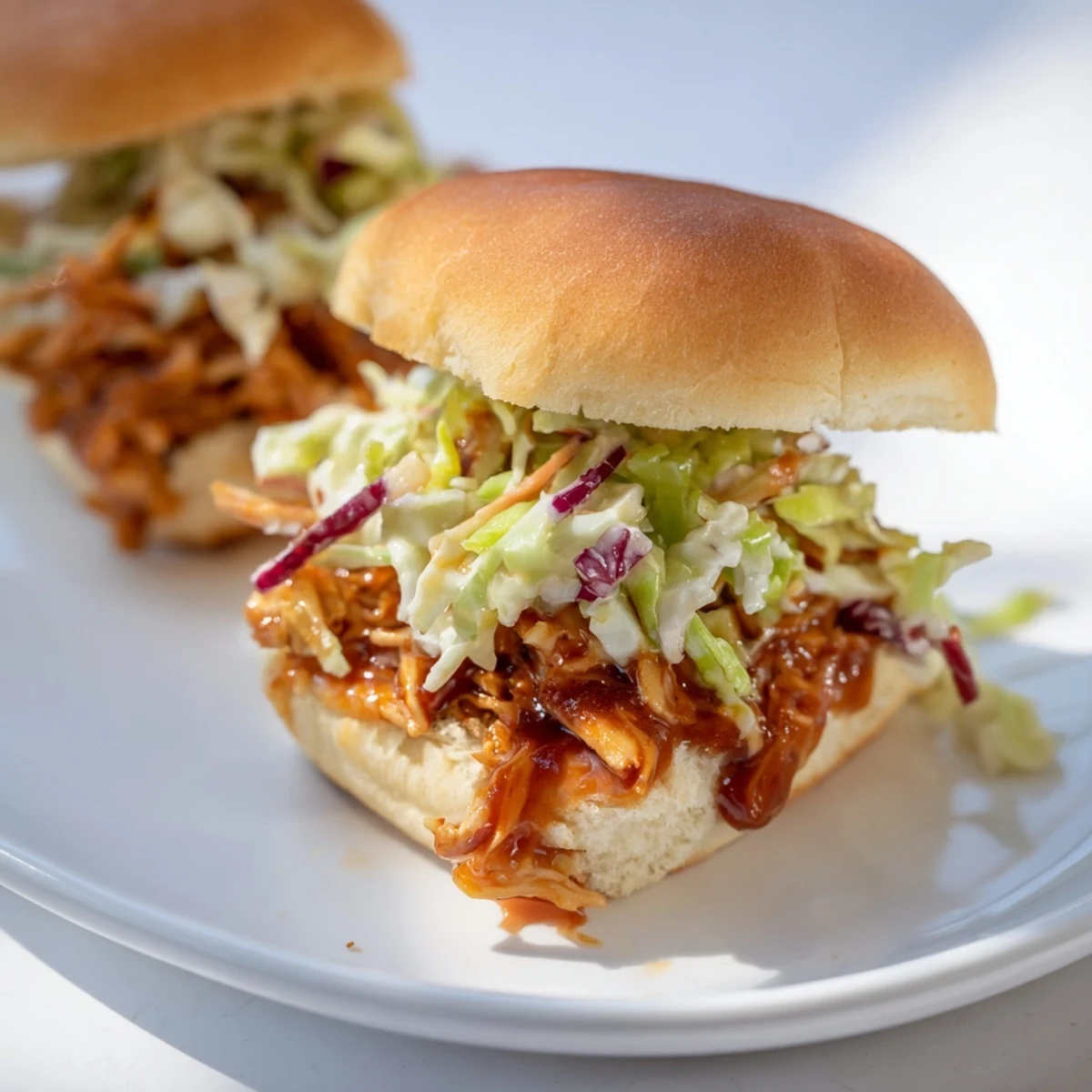 Juicy pulled BBQ chicken sliders topped with vibrant slaw, ready for game day parties.