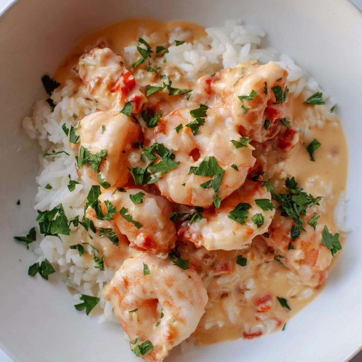 Ladle of creamy Cajun shrimp sauce over jasmine rice, garnished with parsley and lemon for a bright, weeknight-friendly meal.