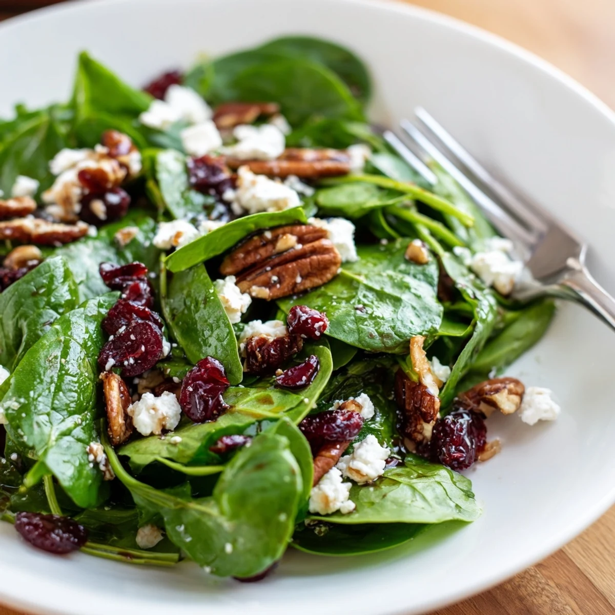 A close-up of the Spinach Goat Cheese Salad shows a tangy balsamic vinaigrette glistening over fresh greens, nuts, and cheese, ideal for a light lunch.  