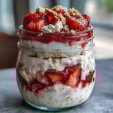 A protein-packed breakfast of overnight oats layered with cottage cheese, strawberries, and a hint of cheesecake flavor.