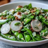 Colorful spring salad featuring snap peas, radishes, and herbs, tossed in zesty lemon tahini dressing and topped with sesame seeds.