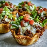 Golden-brown wonton taco cups filled with savory meat and topped with fresh pico de gallo.