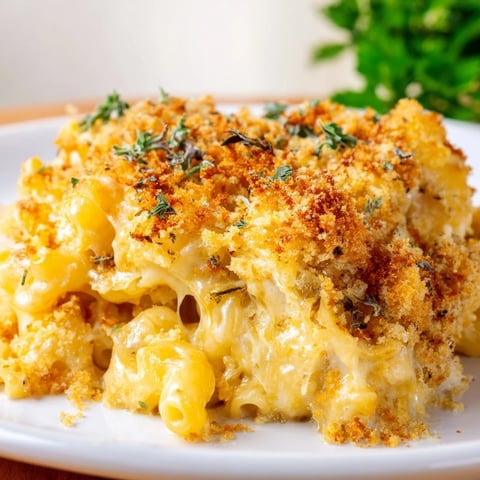 Creamy Baked Mac and Cheese with golden breadcrumb topping, a comforting delight for dinner.  
