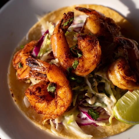 Freshly prepared 15-Minute Shrimp Tacos with Cabbage Slaw on vibrant tortillas.  