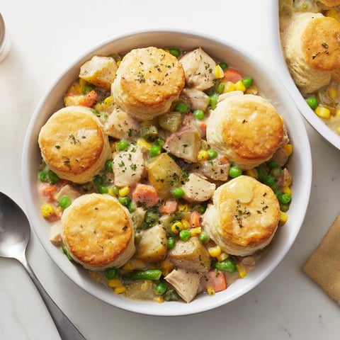 Creamy Slow Cooker Chicken Pot Pie Bake with fluffy biscuits and colorful vegetables.  