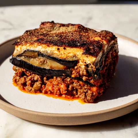 Golden-brown Moussaka with tender eggplant layers and a creamy béchamel, ready to serve and enjoy.