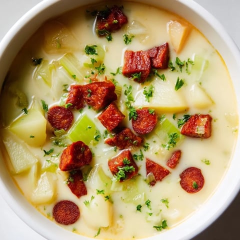 Creamy Potato, Leek & Chorizo Soup, garnished with parsley, ready for a warm and comforting dinner.