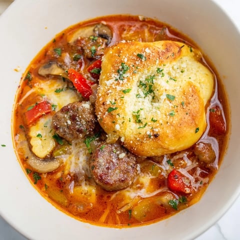 Pizza Pot Pie Soup bubbling hot, cheesy, with a golden-brown bread crust topping its surface.