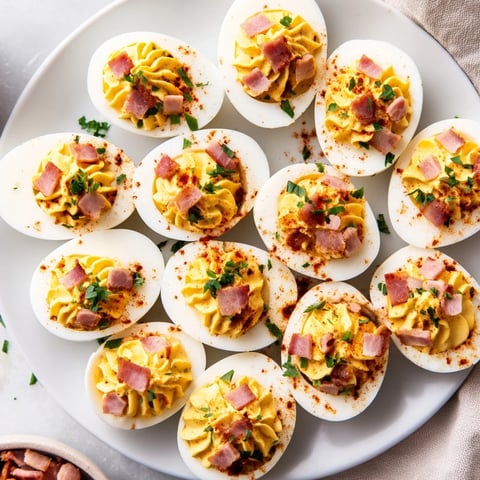 Golden-yellow loaded deviled eggs topped with smoky paprika, ready for a delicious appetizer.