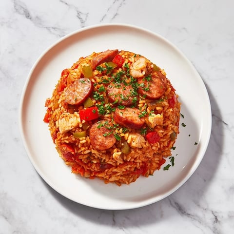 Golden, bubbling Simple Chicken and Sausage Jambalaya Bake, a rustic and flavorful one-pan meal.