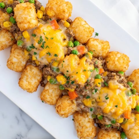 Golden, crispy tater tots crown a bubbling Quick Christmas Tater Tot Casserole with melted cheddar.