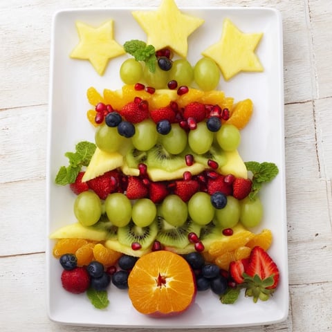 Vibrant Quick Christmas Tree Fruit Platter displays fresh fruit in a fun, festive holiday arrangement.