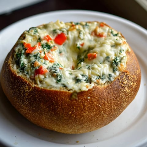 Warm, bubbling Express Holiday Spinach Dip inside a golden-brown sourdough bread bowl, ready to serve.