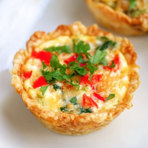 Golden, baked Easy Festive Mini Quiche Cups, filled with creamy cheese and colorful vegetables, ready to eat.