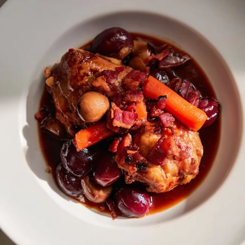 Coq au Vin: A hearty stew with tender chicken, savory bacon, and rich red wine sauce.