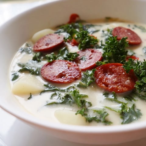 Steaming bowl of Portuguese Caldo Verde, a hearty soup with chorizo and tender kale, ready to serve.