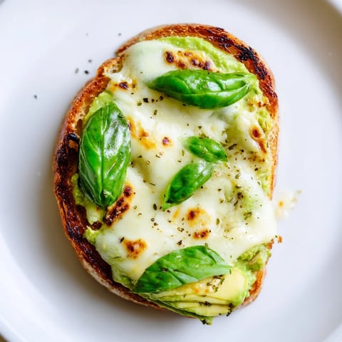 Golden-brown toasted sourdough slices topped with creamy smashed avocado, melted mozzarella, and fresh basil leaves, served warm.  
