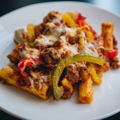 This photo features a close-up of baked rigatoni, showcasing the melted cheese and flavorful sausage and pepper.