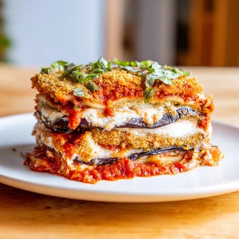 Visualize the savory Eggplant Parmesan Lasagna, brimming with rich sauce and tender eggplant slices.