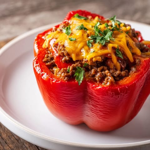 Sloppy Joe Stuffed Peppers, steaming hot on a white plate, showing the juicy meat filling inside.