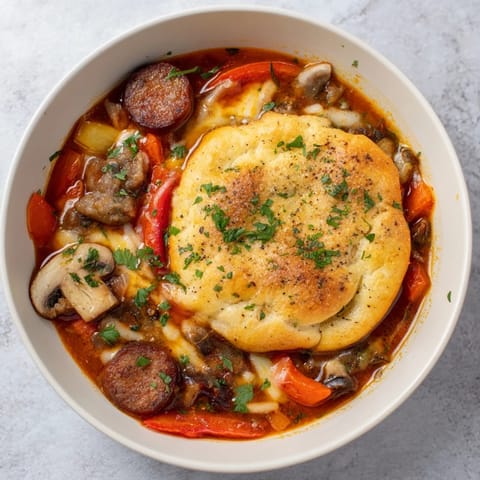 A warm bowl of Pizza Pot Pie Soup, perfect fusion of pizza flavors in every spoonful.