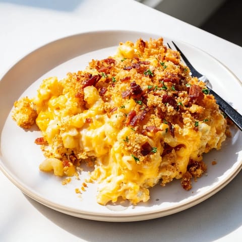 Golden and bubbly sheet pan mac and cheese with a delicious bacon crumble ready to serve.