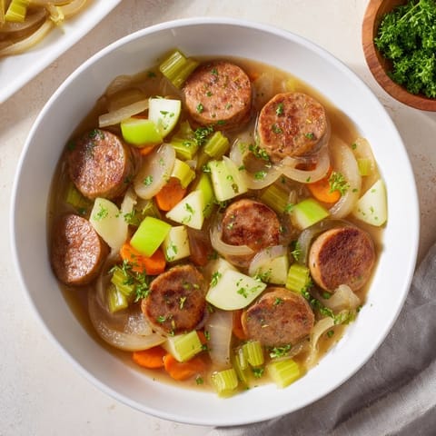 A close-up shot of the flavorful stovetop sausage, celery, and apple hotpot, ready to serve.