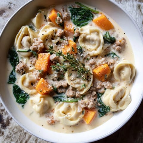 This warm bowl of Creamy Sausage Tortellini Soup features vibrant spinach and rich, creamy broth, perfect for chilly weather.
