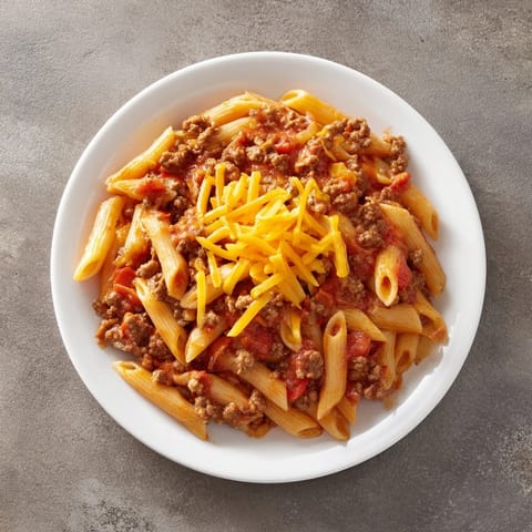A close-up of Easy Beef Enchilada Pasta, brimming with melted cheese and zesty sauce.