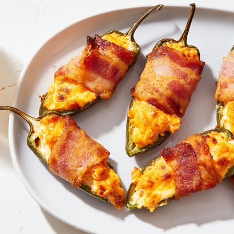 Spicy and savory, a close-up shows bacon-wrapped Express Holiday Jalapeño Poppers fresh from the oven.