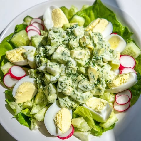 Freshly made Green Goddess Chopped Egg Salad, a vegetarian delight with colorful, crunchy vegetables.
