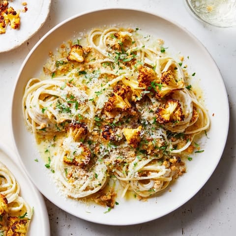 Creamy Roasted Cauliflower Garlic Pasta: a smooth sauce coats pasta with roasted cauliflower and parmesan cheese.