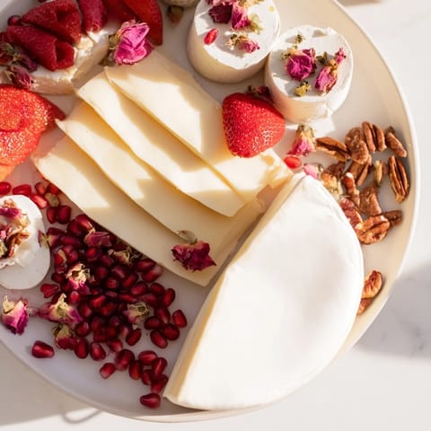This Rose Garden Romantic Platter features creamy brie and colorful berries alongside floral garnishes.